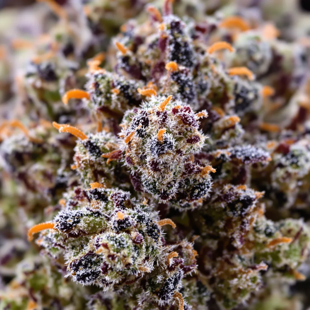 Primer plano de cogollo de cannabis Milky Way mostrando cálices densos con tonos morados