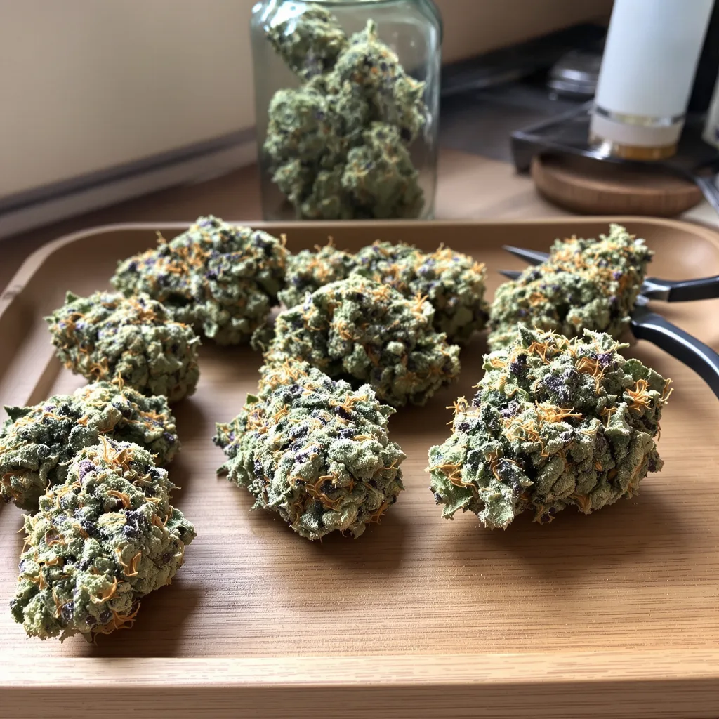 Millennium 48% indica / 52% sativa — flor con tricomas visibles