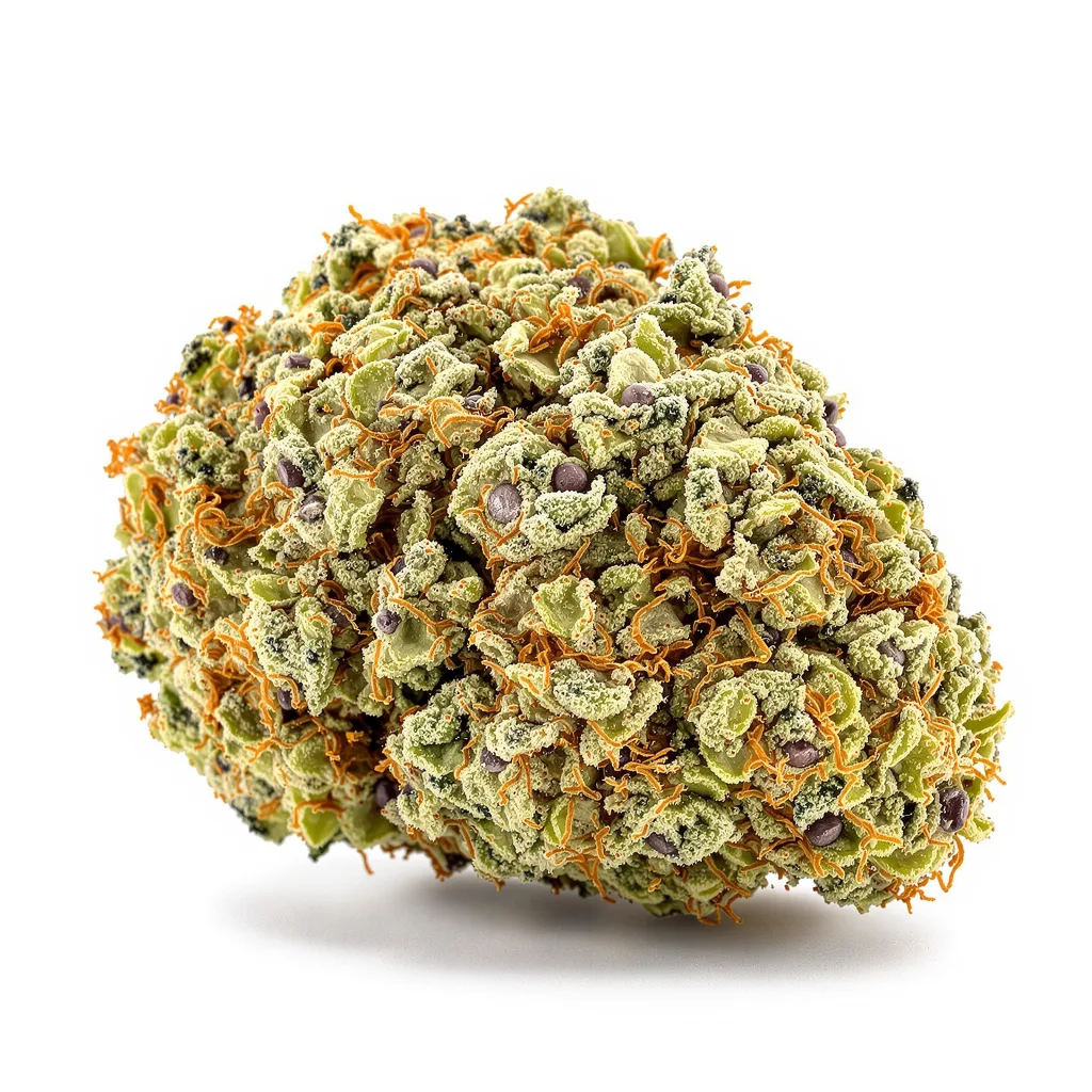 Millennium 48% indica / 52% sativa — flor con tricomas visibles