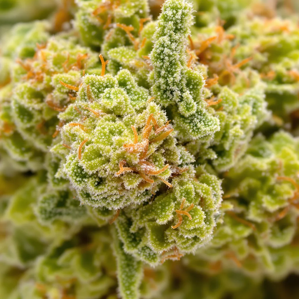 Primer plano de cogollo de cannabis Mimosa mostrando estructura aireada verde lima