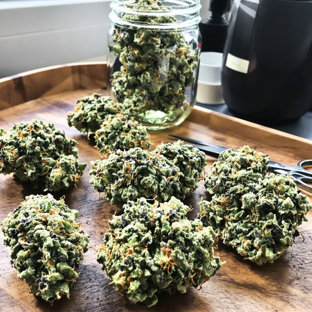 Mint Chocolate Chip 36% indica / 64% sativa — flor con tricomas visibles