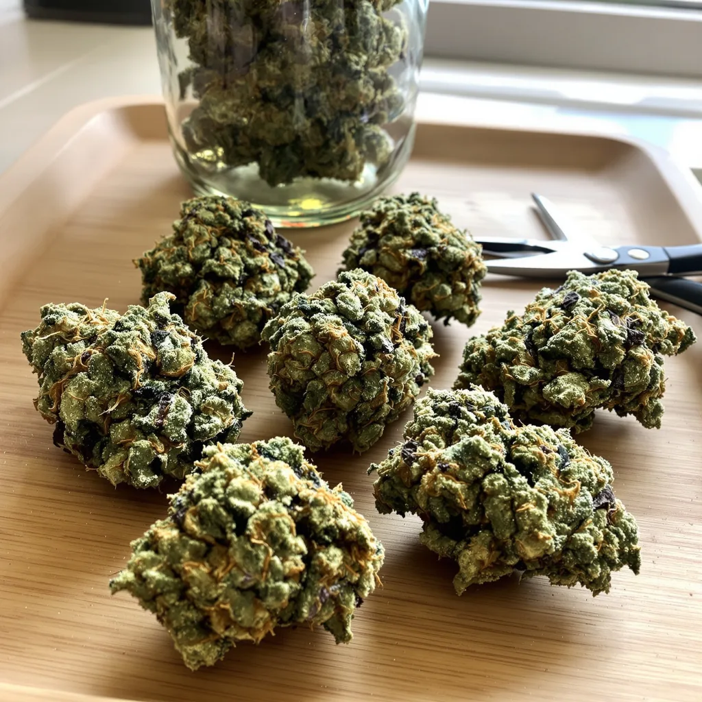 Misty Kush 47% indica / 53% sativa — flor con tricomas visibles