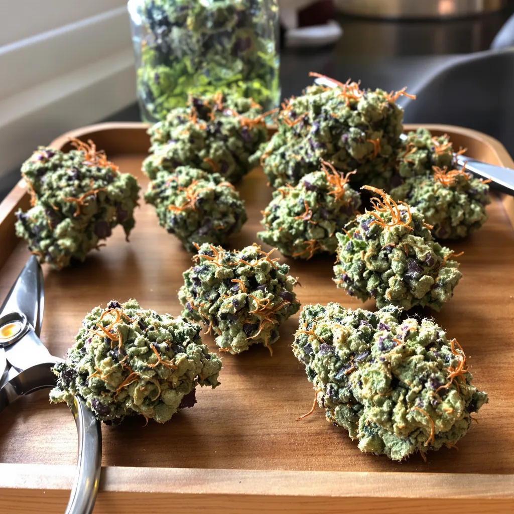 Misty Kush 47% indica / 53% sativa — flor con tricomas visibles