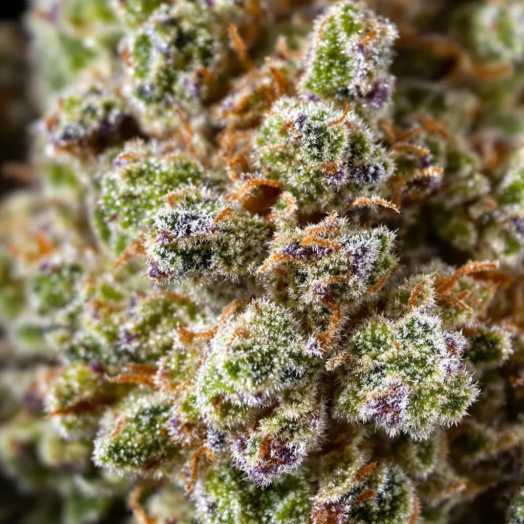 Primer plano de cogollo de cannabis Mob Boss mostrando estructura abierta con pistilos naranjas