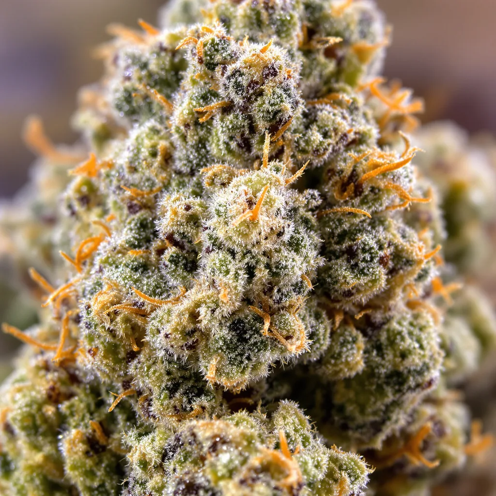 Primer plano de cogollo de cannabis Mob Boss mostrando estructura abierta con pistilos naranjas