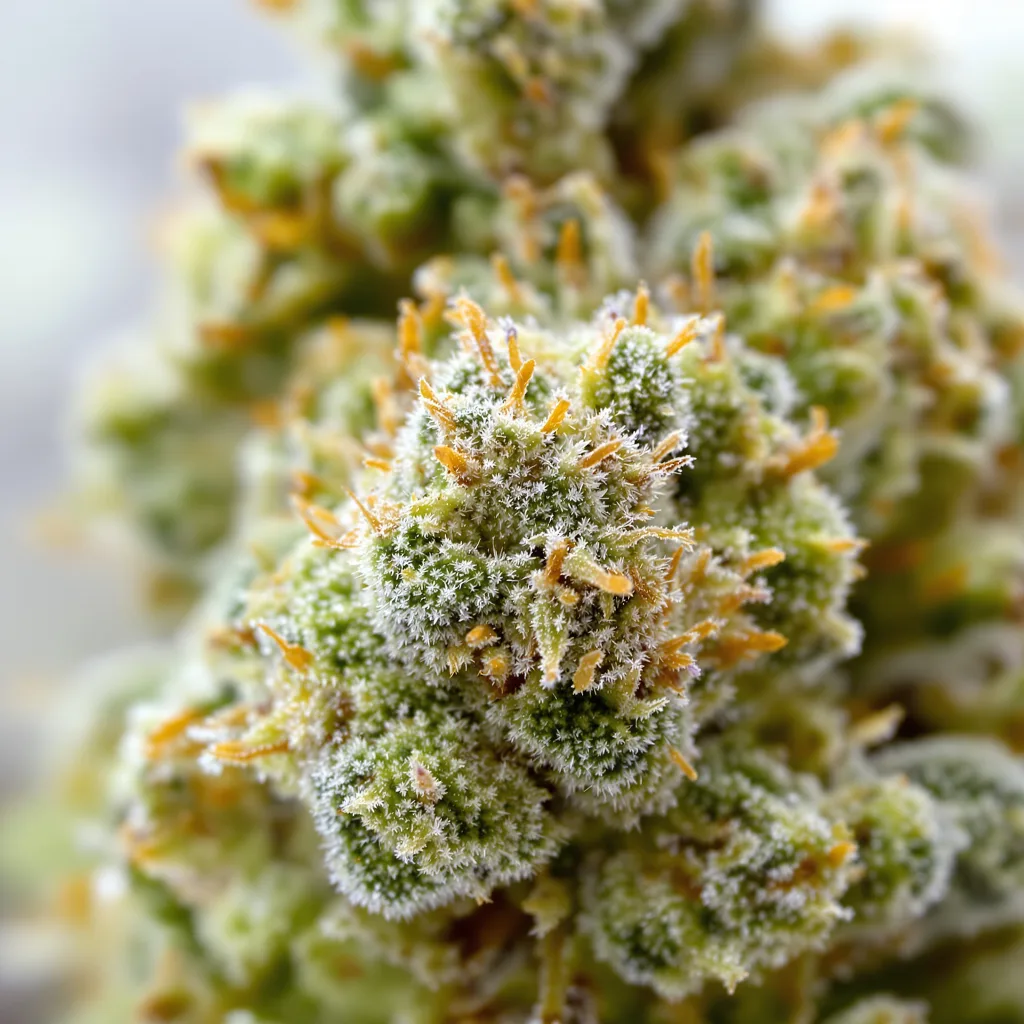 Primer plano de cogollo de cannabis Moby Dick mostrando estructura aireada verde lima