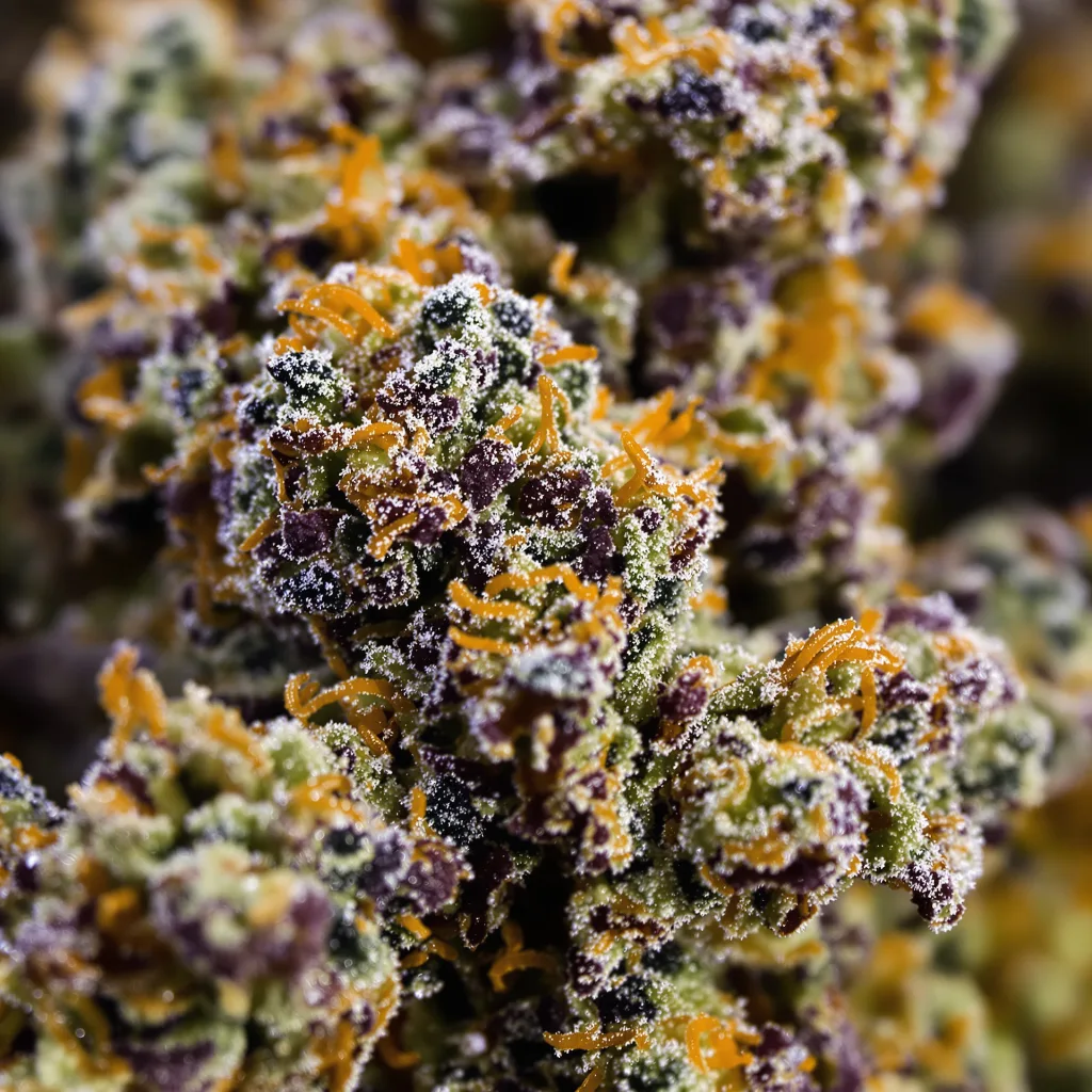Primer plano de cogollo de cannabis Money Maker mostrando cálices densos con tonos morados