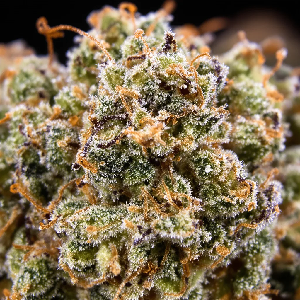 Primer plano de cogollo de cannabis Monkey Berries mostrando estructura abierta con pistilos naranjas