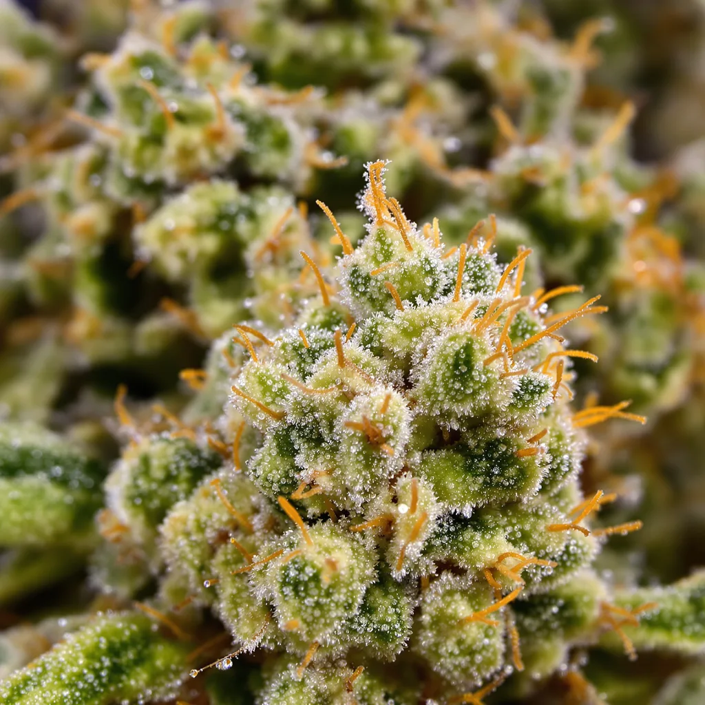 Primer plano de cogollo de cannabis Montana Silvertip mostrando estructura aireada verde lima