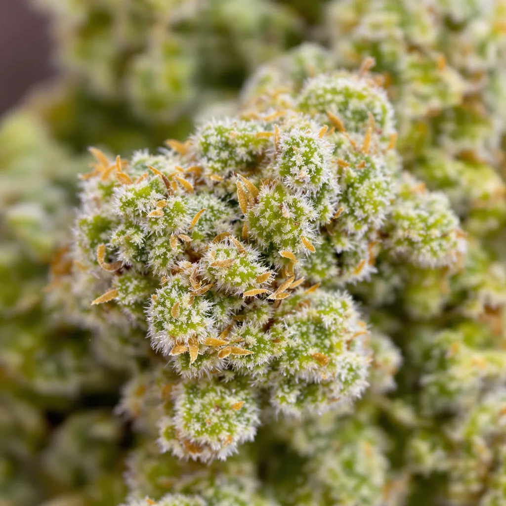 Primer plano de cogollo de cannabis Moonshine Haze mostrando estructura aireada verde lima
