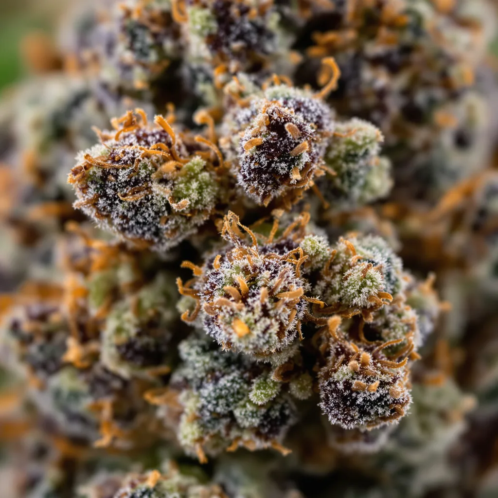 Primer plano de cogollo de cannabis Motavation mostrando cálices densos con tonos morados