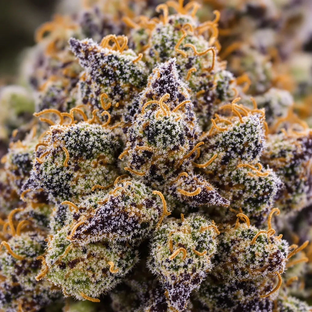 Primer plano de cogollo de cannabis Motavation mostrando cálices densos con tonos morados