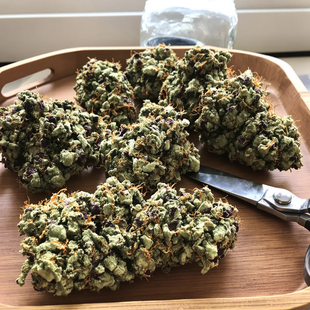 Mother’s Helper 49% indica / 51% sativa — flor con tricomas visibles