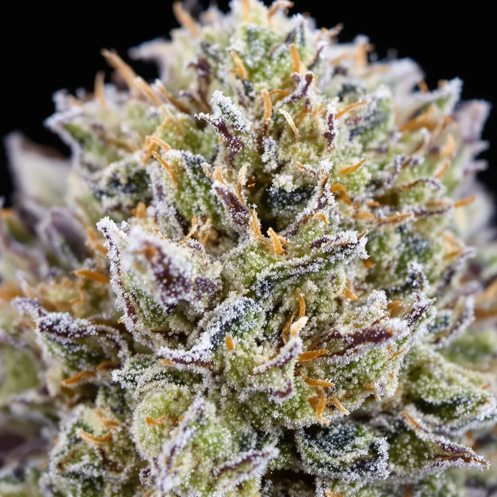 Primer plano de cogollo de cannabis Mother’s Helper mostrando estructura equilibrada con tricomas escarchados