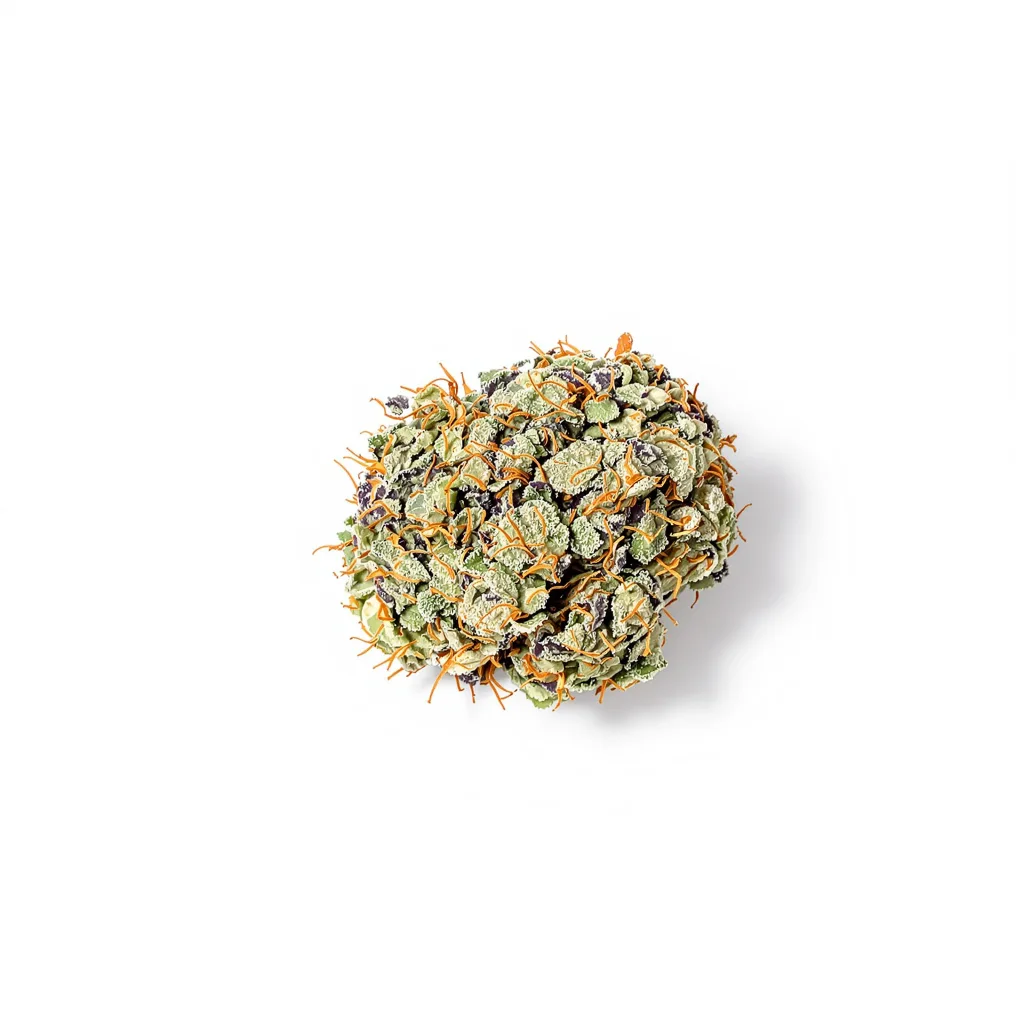 Mr. Tusk 60% indica / 40% sativa — flor con tricomas visibles