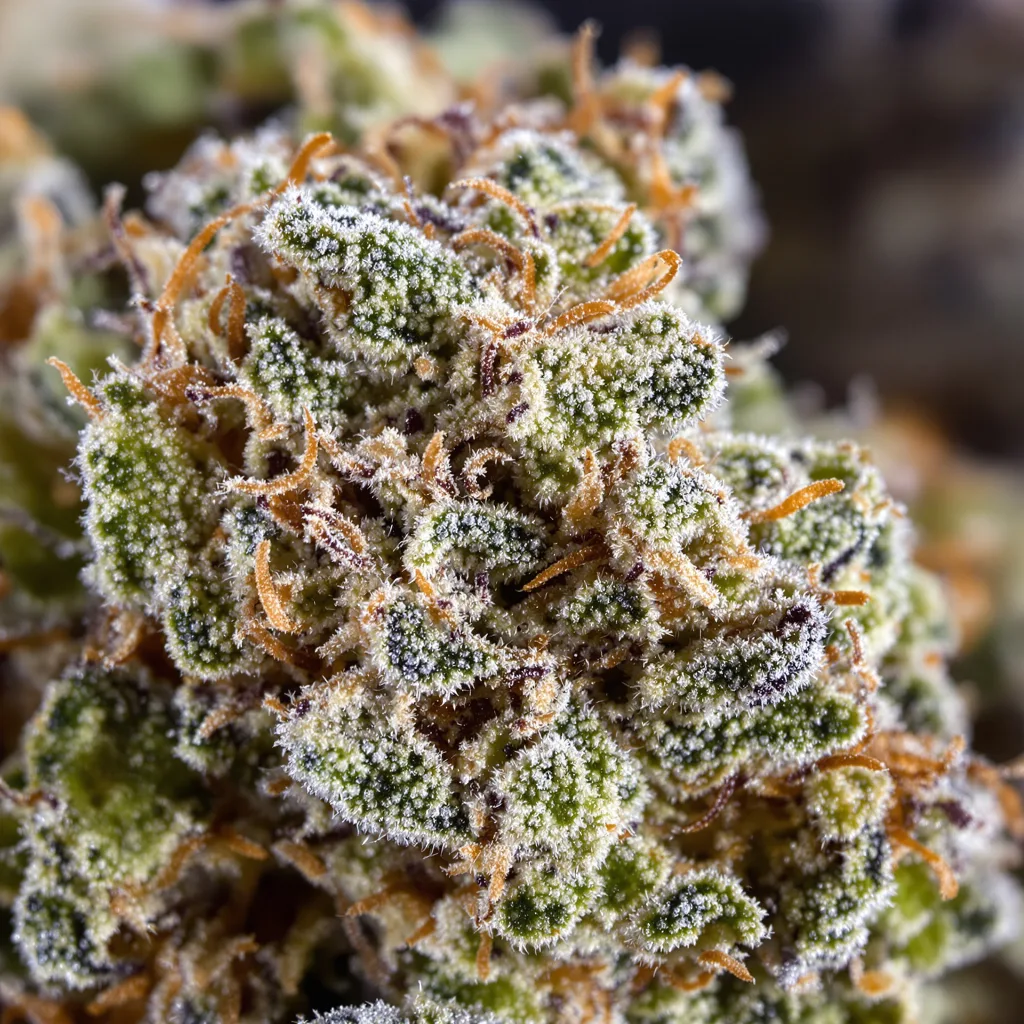 Primer plano de cogollo de cannabis Ms. Universe mostrando estructura equilibrada con tricomas escarchados