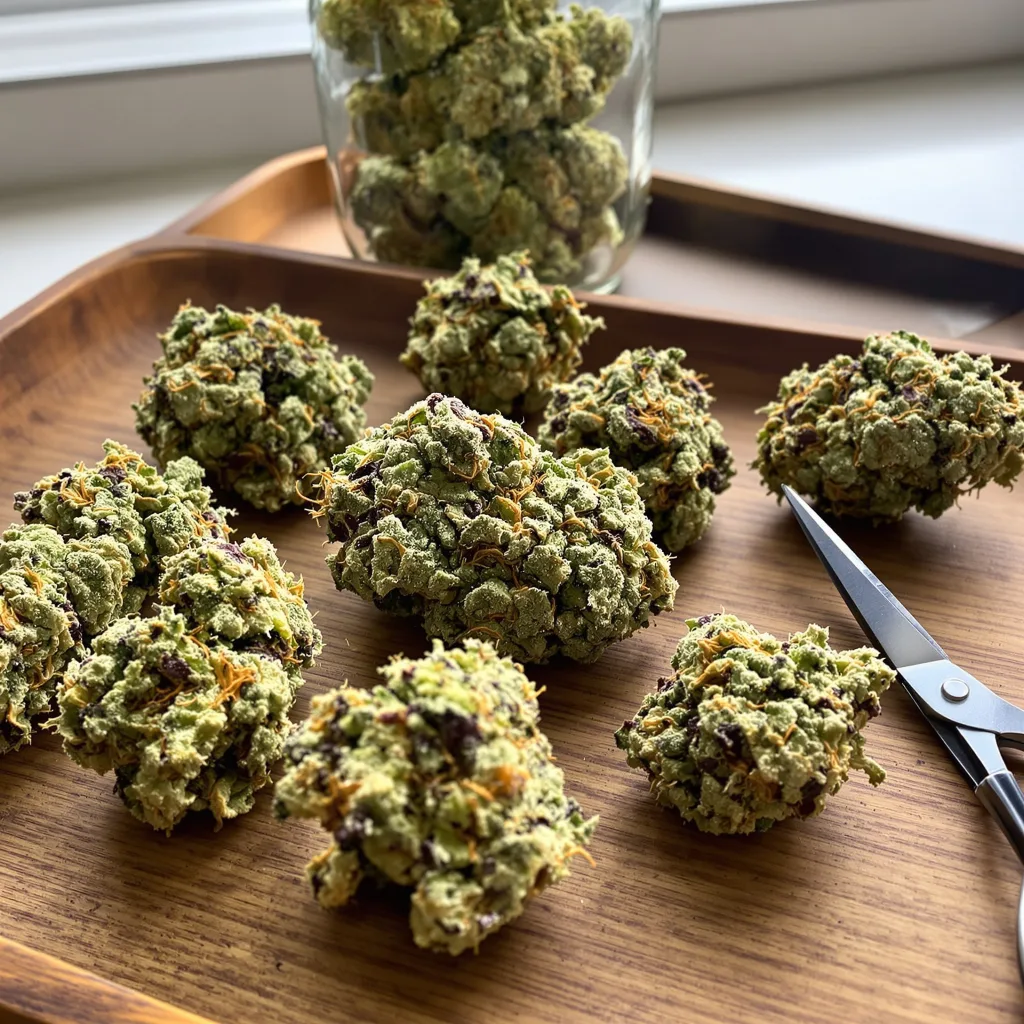 Mt. Rainier 43% indica / 57% sativa — flor con tricomas visibles