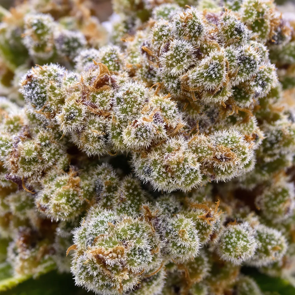 Primer plano de cogollo de cannabis Mt. Rainier mostrando estructura equilibrada con tricomas escarchados