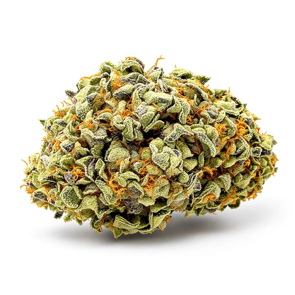 Mt. Rainier 43% indica / 57% sativa — flor con tricomas visibles