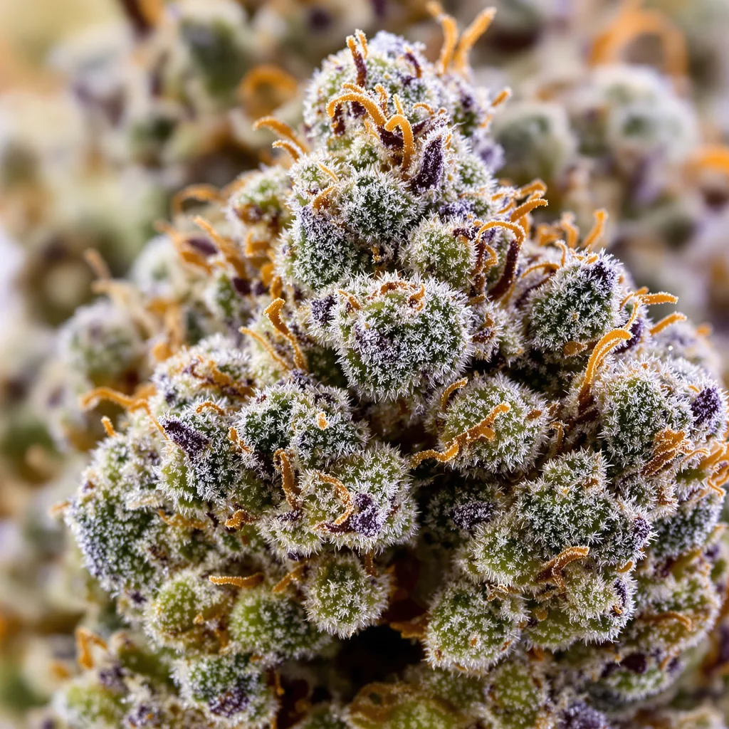 Primer plano de cogollo de cannabis Nebula mostrando estructura abierta con pistilos naranjas