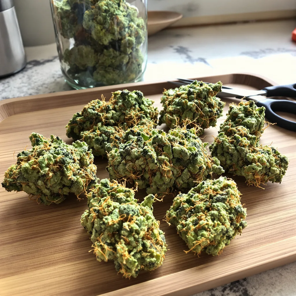 Neptune Kush 10% indica / 90% sativa — flor con tricomas visibles