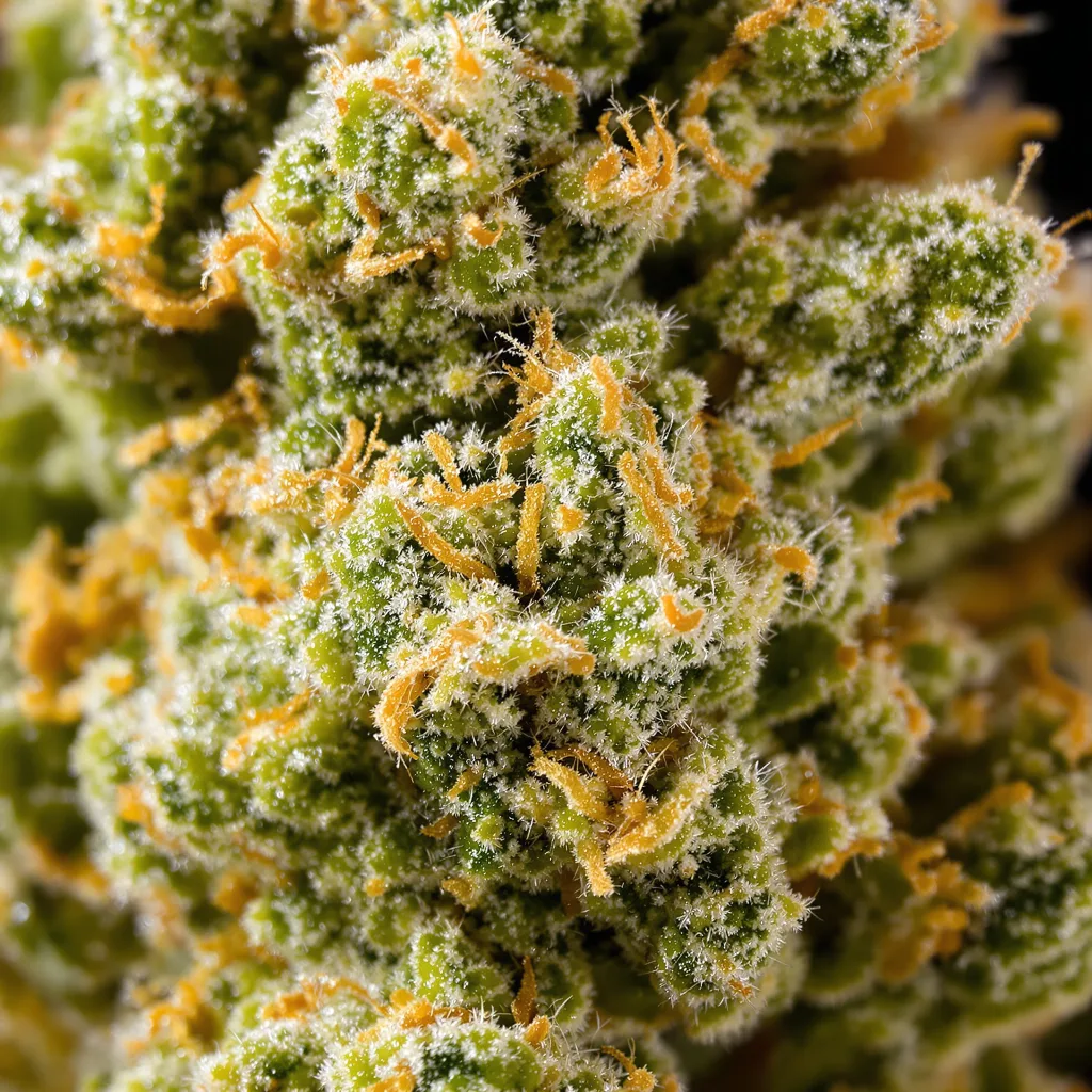 Primer plano de cogollo de cannabis Neptune Kush mostrando estructura aireada verde lima
