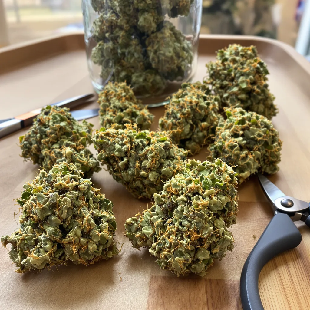 Neptune Kush 10% indica / 90% sativa — flor con tricomas visibles