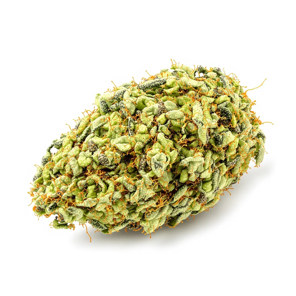 Neptune Kush 10% indica / 90% sativa — flor con tricomas visibles