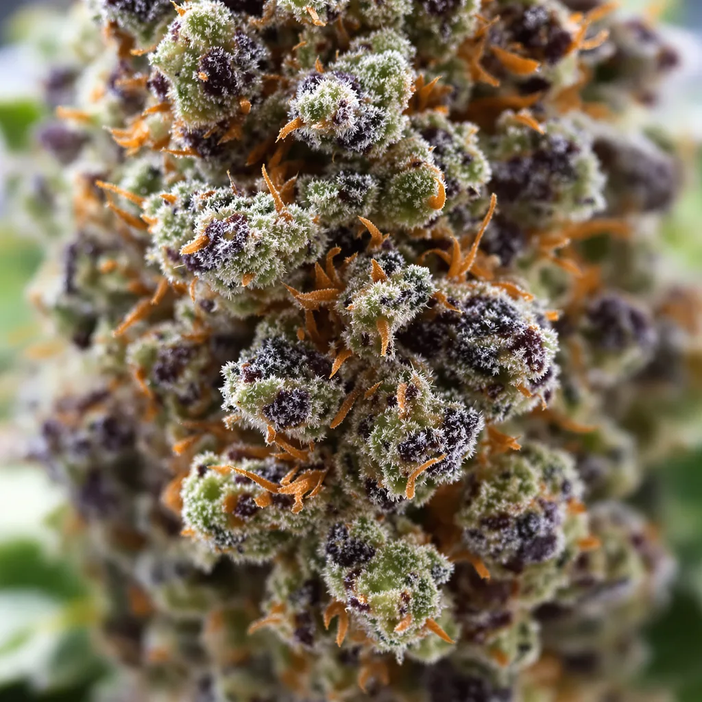 Primer plano de cogollo de cannabis Neptune OG mostrando cálices densos con tonos morados