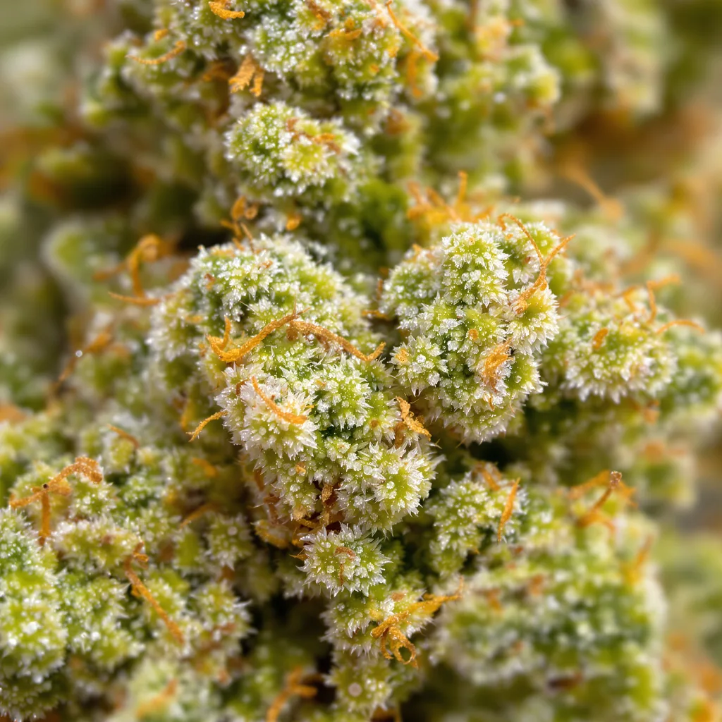 Primer plano de cogollo de cannabis Neville's Haze mostrando estructura aireada verde lima