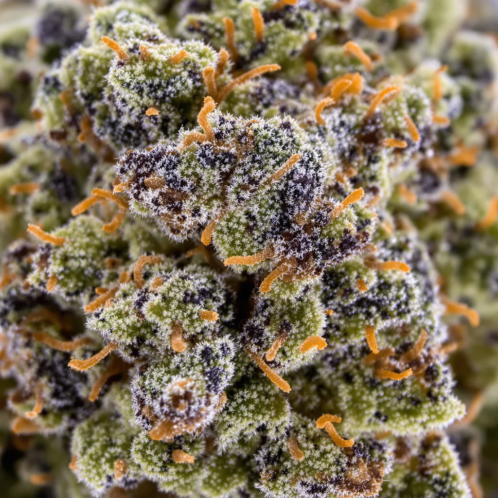Primer plano de cogollo de cannabis New Glue mostrando cálices densos con tonos morados