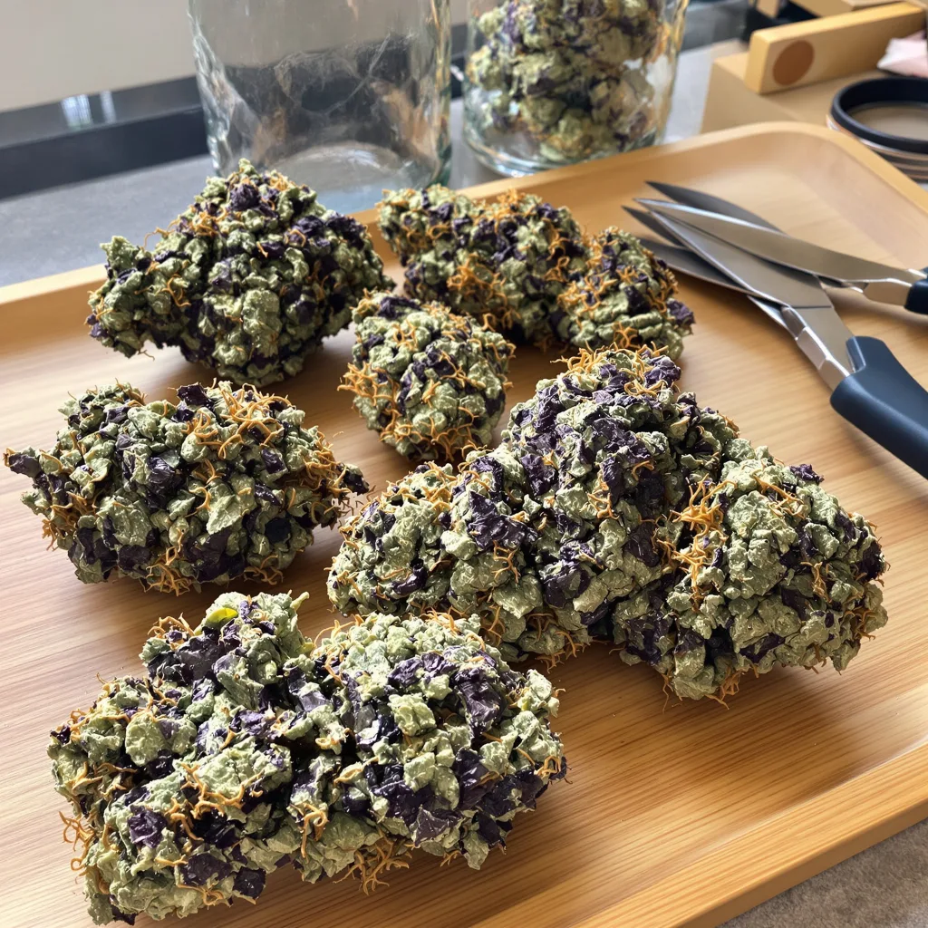 Nice Cherry 83% indica / 17% sativa — flor con tricomas visibles