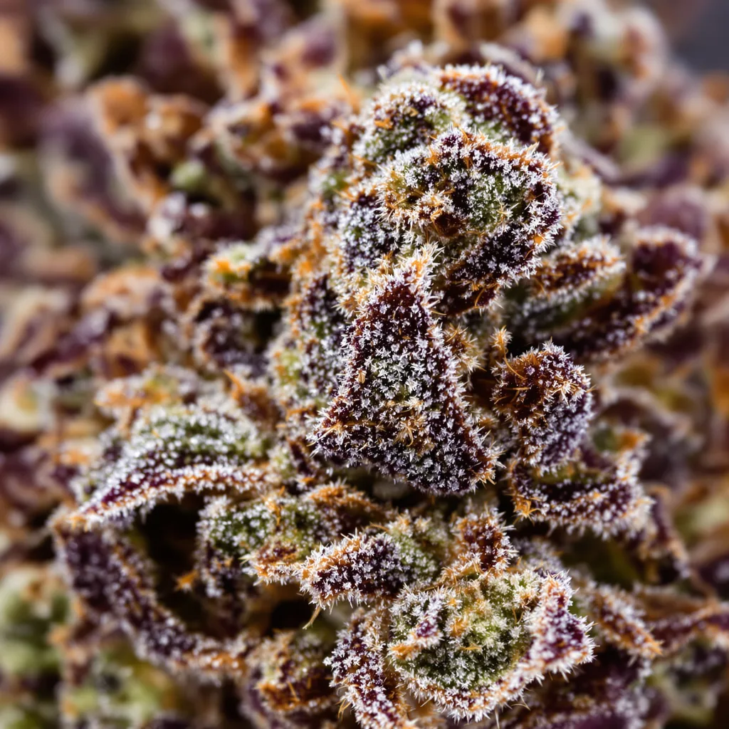 Primer plano de cogollo de cannabis Nice Cherry mostrando cálices densos con tonos morados