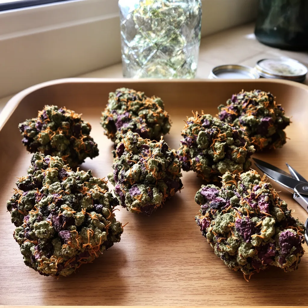 Nicole Kush 67% indica / 33% sativa — flor con tricomas visibles