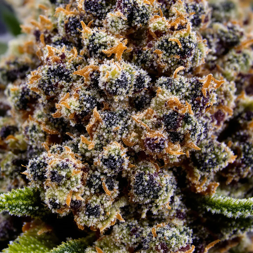 Primer plano de cogollo de cannabis Night Nurse mostrando cálices densos con tonos morados