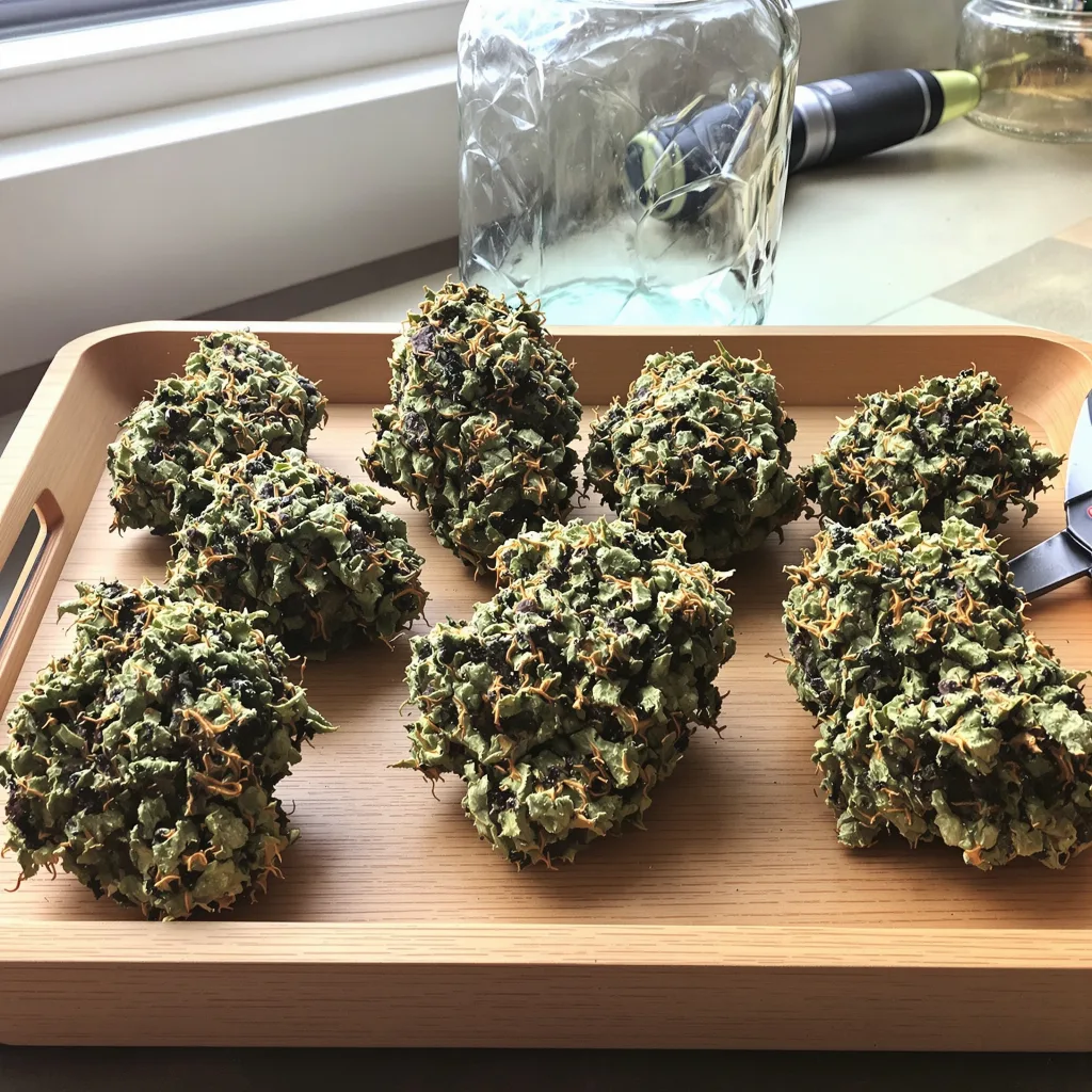 Night Terror OG 75% indica / 25% sativa — flor con tricomas visibles
