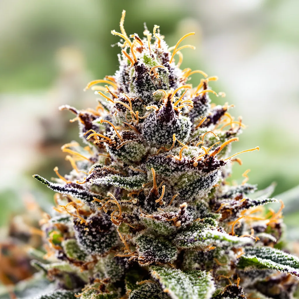 Primer plano de cogollo de cannabis Night Terror OG mostrando cálices densos con tonos morados