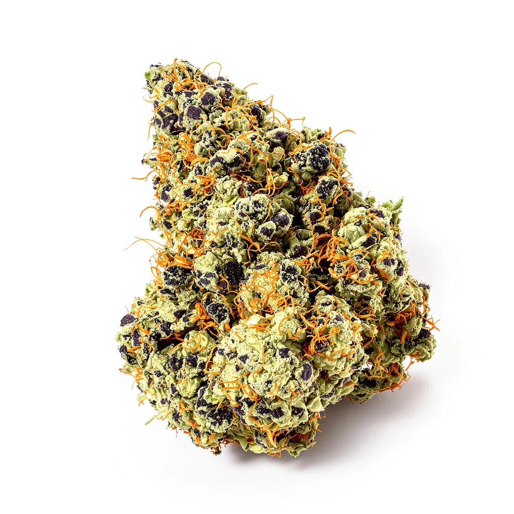 Night Terror OG 75% indica / 25% sativa — flor con tricomas visibles