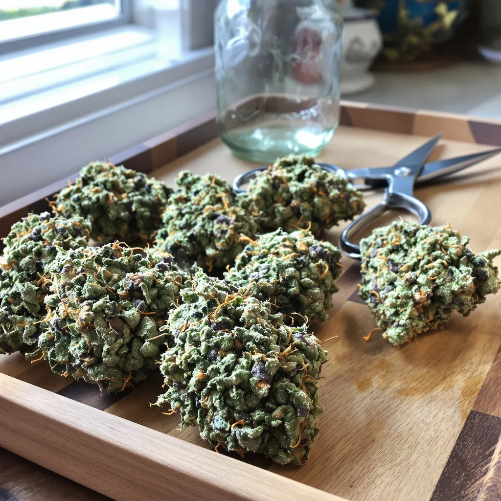 Night Train 54% indica / 46% sativa — flor con tricomas visibles