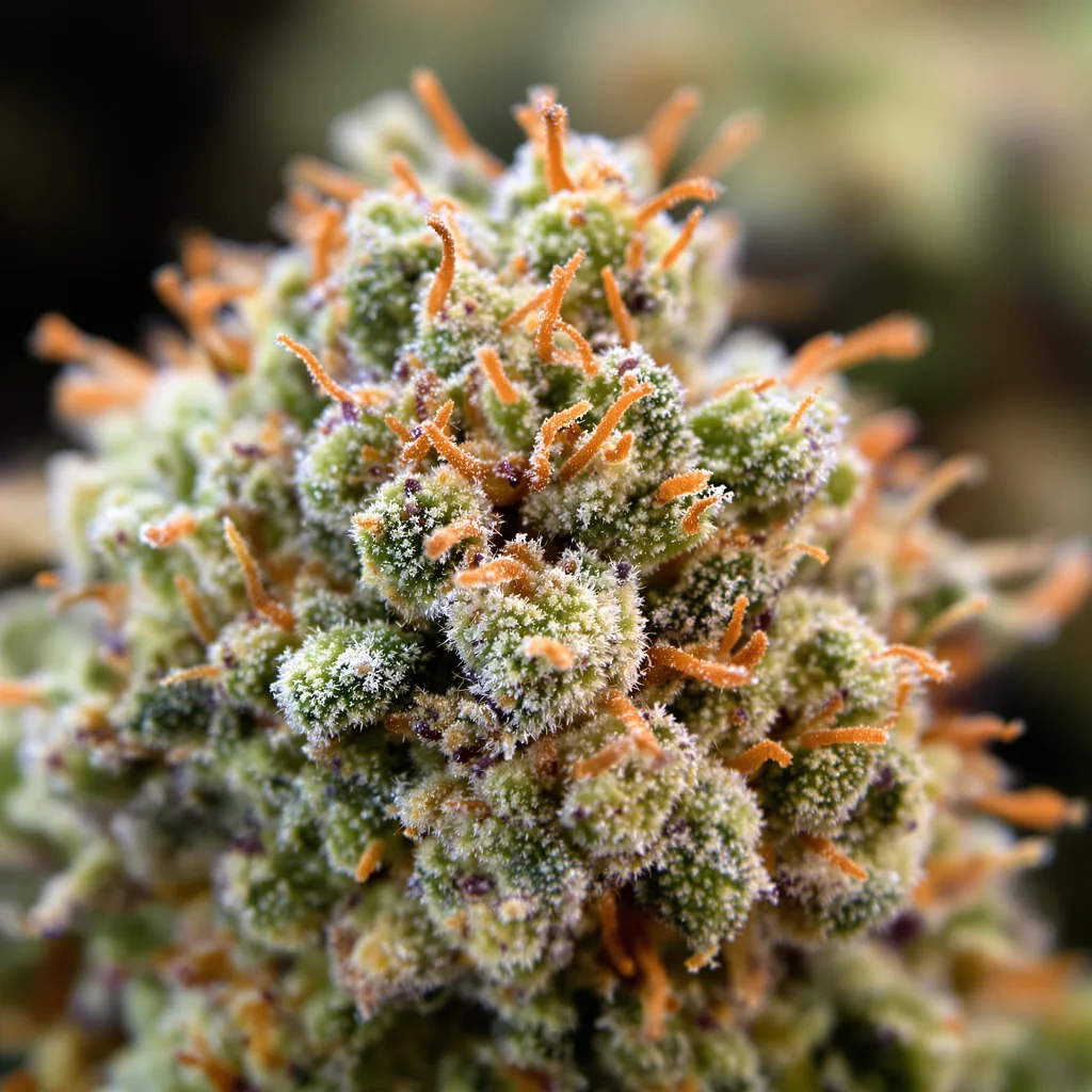 Primer plano de cogollo de cannabis Night Train mostrando estructura equilibrada con tricomas escarchados