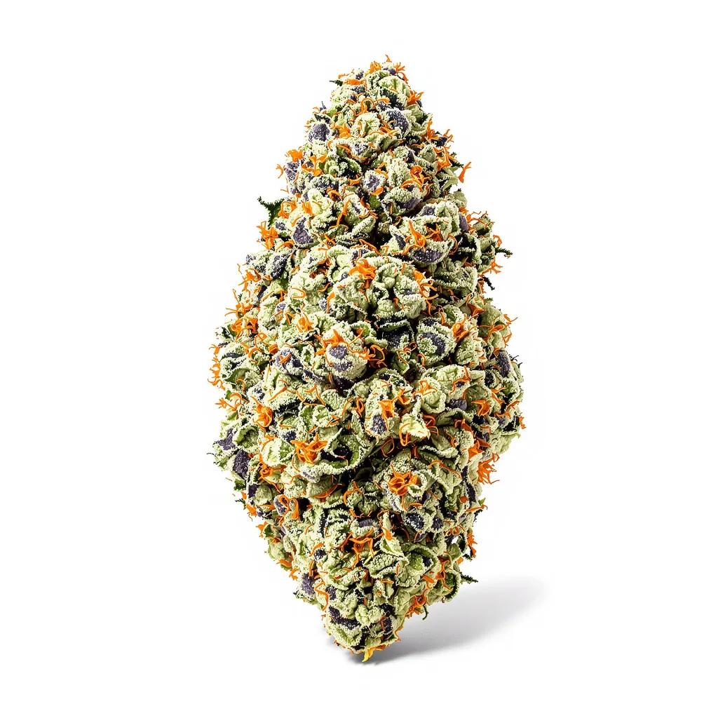 Night Train 54% indica / 46% sativa — flor con tricomas visibles