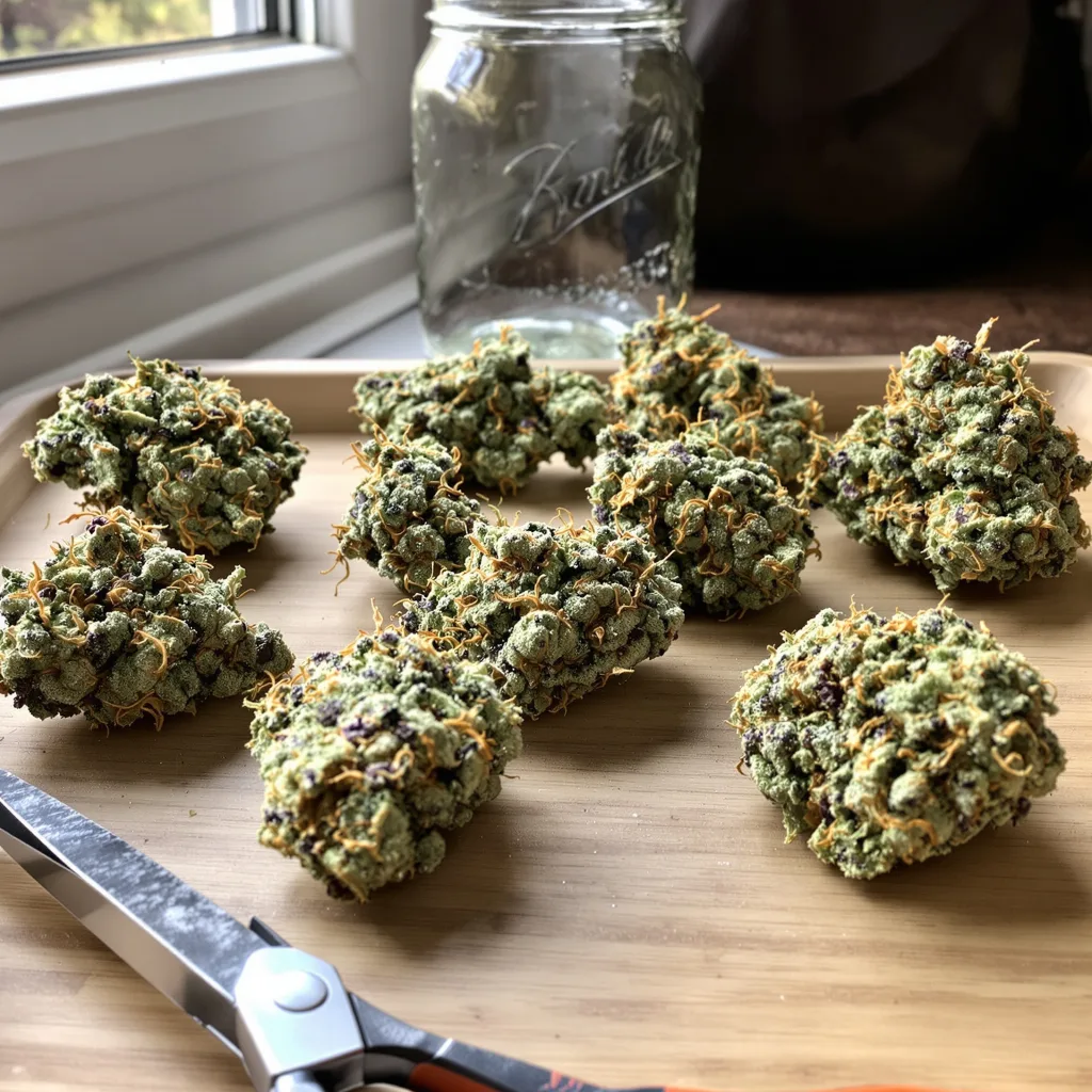 Night Train 54% indica / 46% sativa — flor con tricomas visibles