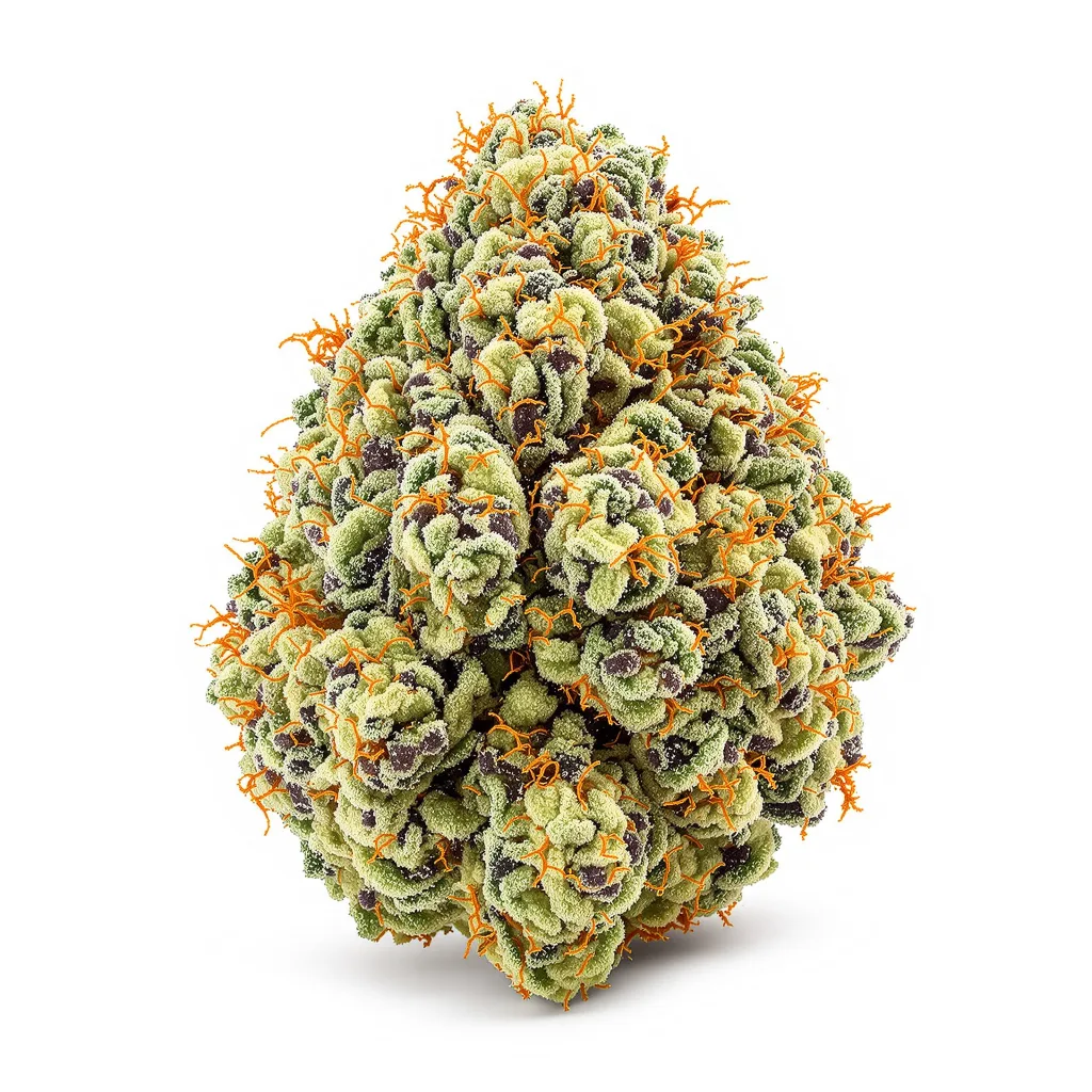 Night Train 54% indica / 46% sativa — flor con tricomas visibles