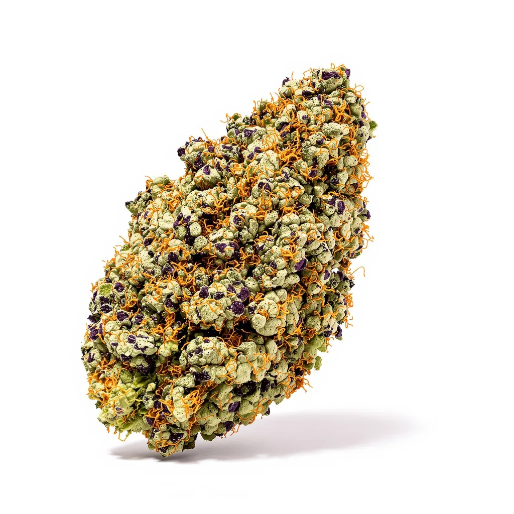 Nightcap 67% indica / 33% sativa — flor con tricomas visibles