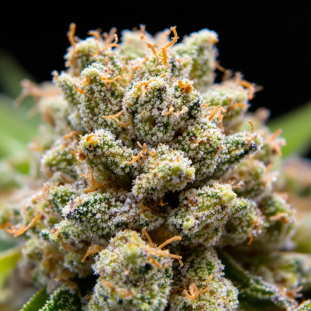Primer plano de cogollo de cannabis Nordle mostrando cogollos densos verde bosque