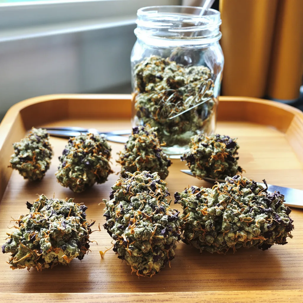 North American 78% indica / 22% sativa — flor con tricomas visibles
