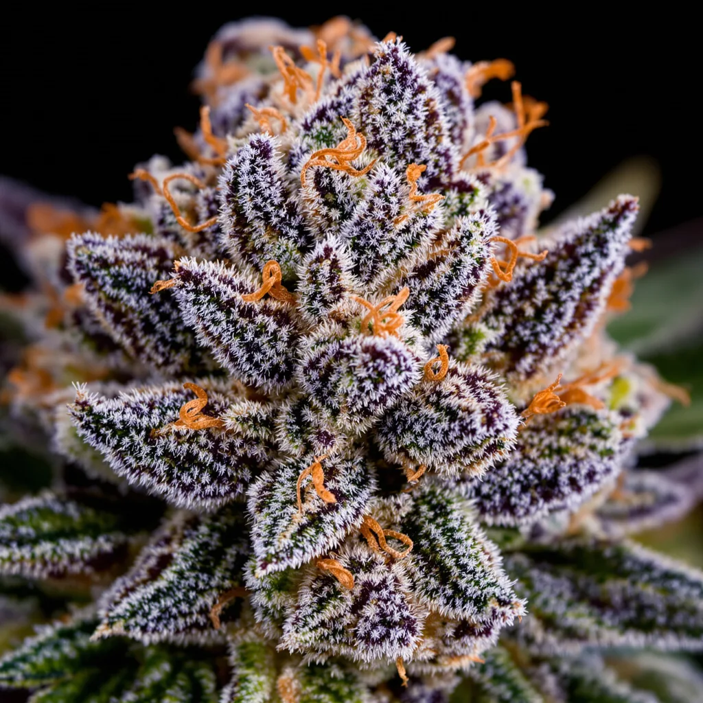 Primer plano de cogollo de cannabis North American mostrando cálices densos con tonos morados