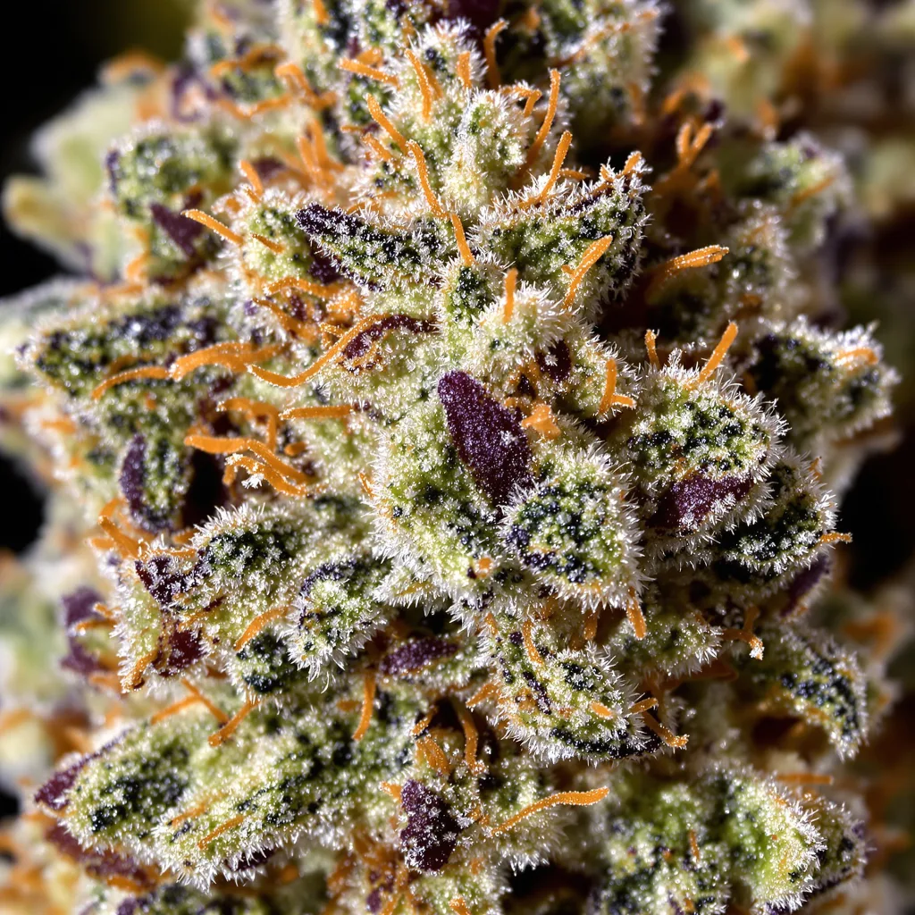 Primer plano de cogollo de cannabis Northern Berry mostrando estructura abierta con pistilos naranjas