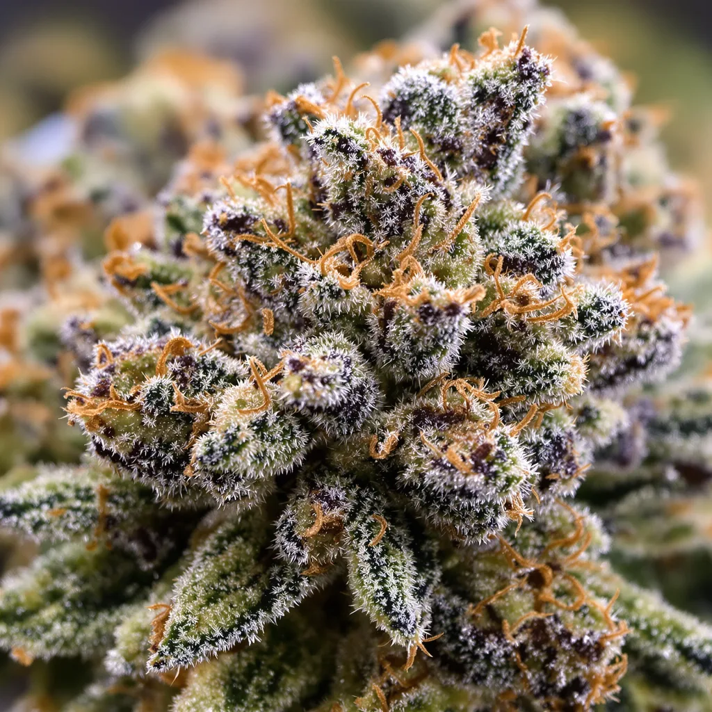 Primer plano de cogollo de cannabis Northern Lights mostrando cálices densos con tonos morados