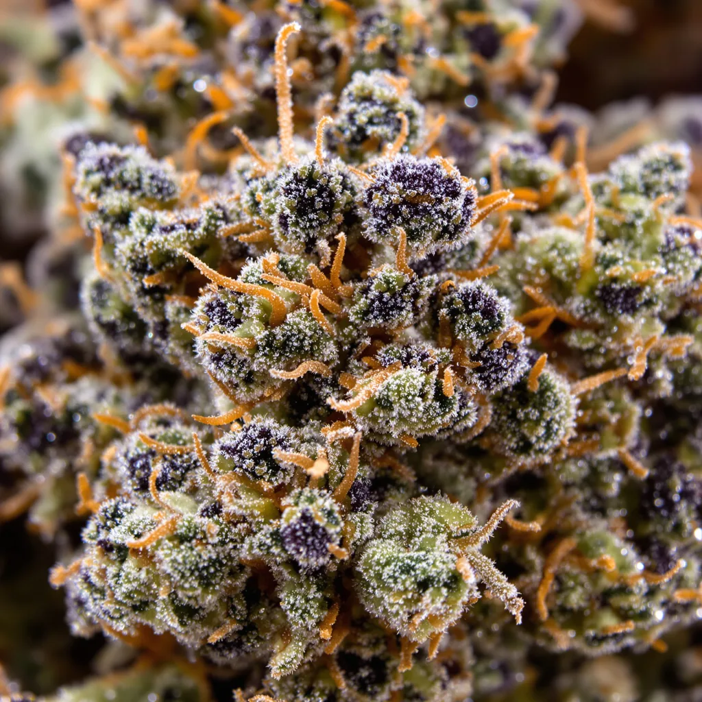 Primer plano de cogollo de cannabis Northern Sunrise mostrando cálices densos con tonos morados